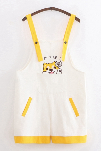 Cute Trendy Girls Sleeveless Japanese Letter Dog Embroidery Patched Pocket Contrasted Relaxed Suspender Shorts