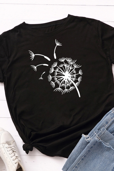 Daily Summer Rolled Short Sleeve Crew Neck Dandelion Pattern Slim Fitted T Shirt for Ladies