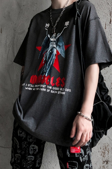 Goth Letter Miracles Angel Statue Graphic Half Sleeve Crew Neck Oversize T-Shirt for Boys