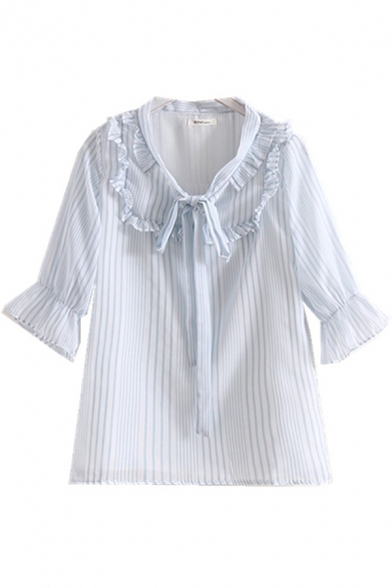 Ladies Pretty Light Blue Bell Sleeve Peter Pan Collar Bow Tie Stringy Selvedge Stripe Print Relaxed Blouse Top