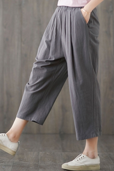 Leisure Plain Elastic Waist Linen and Cotton Pleated Ankle Length Wide-Leg Pants for Women