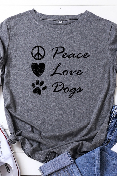 Leisure Womens Rolled Short Sleeve Round Neck Letter PEACE LOVE DOGS Heart Footprint Graphic Slim Fit T-Shirt