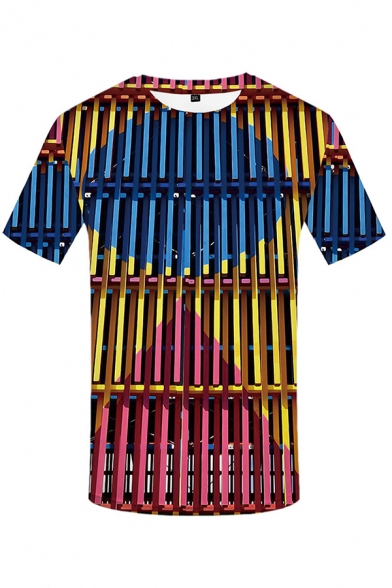 New Trendy Boys Short Sleeve Crew Neck Abstract Stripe 3D Printed Colorblocked Regular Fit T-Shirt in Blue