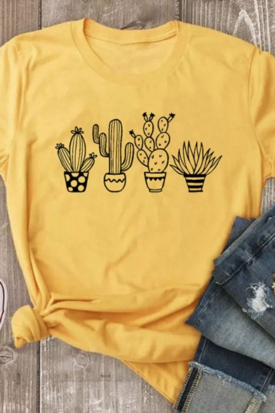 Popular Girls Roll Up Sleeve Crew Neck Cactus Printed Relaxed Fit T-Shirt
