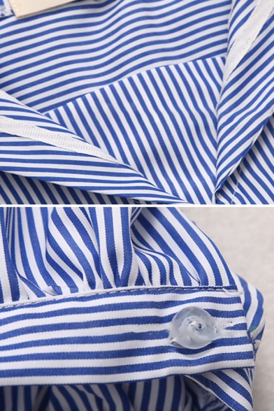 Preppy Girls Three-Quarter Sleeve Sailor Collar Stripe Printed High Low Hem Relaxed Shirt