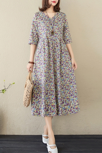Pretty Ladies Half Sleeves V-Neck Ditsy Floral Print Linen Midi Swing Dress