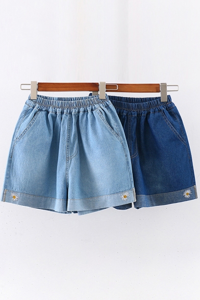 Street Summer Girls Elastic Waist Daisy Floral Embroidery Contrasted Relaxed Denim Shorts