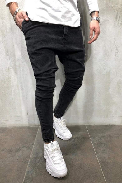 Streetwear Boys Mid Rise Solid Color Dropped Insteam Ankle Relaxed Fit Jeans in Black