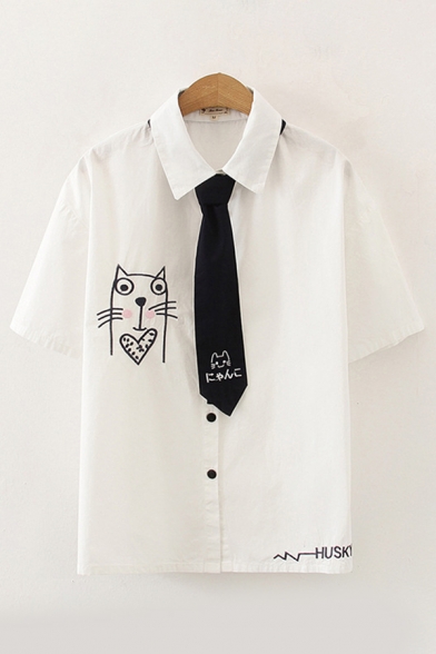 Stylish Womens Letter Husky Cartoon Cat Embroidered Button down Short Sleeve Spread Collar Fitted Graphic Shirt with Tie