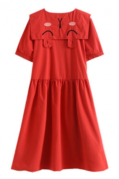 Summer Pretty Girls Short Sleeve Peter Pan Collar Button Up Rabbit Embroidery Linen Midi Pleated Swing Dress