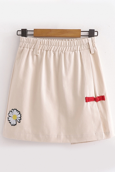Womens Stylish Daisy Floral Embroidery Frog Button Elastic Waist Mini A-Line Skirt
