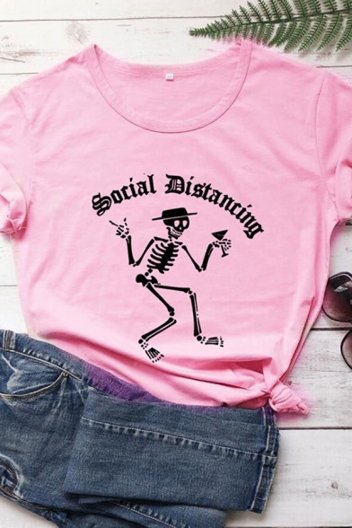 Basic Summer Girls Roll Up Sleeve Crew Neck Letter SOCIAL DISTANCING Skull Graphic Relaxed Fit T Shirt