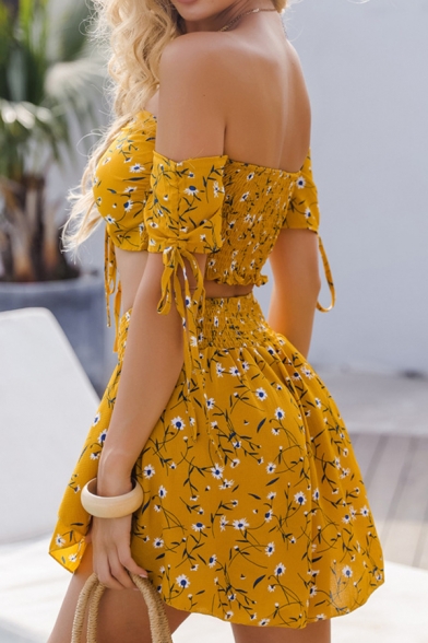 Beach Girls Short Sleeve Off the Shoulder Drawstring Allover Floral Fitted Crop Top & Elastic Waist Relaxed Shorts Set in Yellow