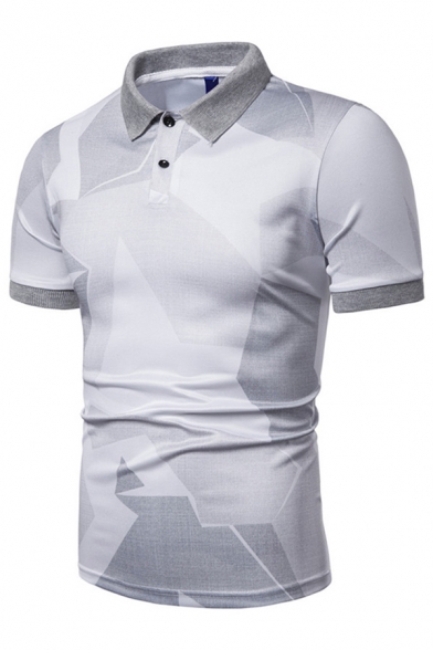 Casual Mens Short Sleeve Lapel Neck Button Up Colorblock Patterned Slim Fit Polo Shirt