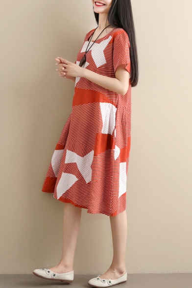 Classic Vintage Ladies Short Sleeve Round Neck Stripe Print Color Block Linen and Cotton Mid Oversize Dress
