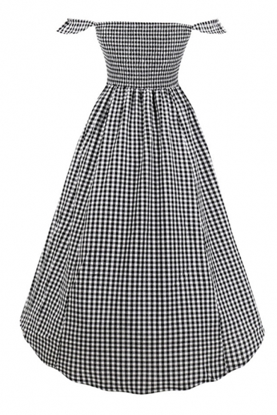 Gray Checkered Printed Off the Shoulder Bow Tie Front Pintuck Back Button down High Low Hem Pretty Midi A-Line Dress for Girls