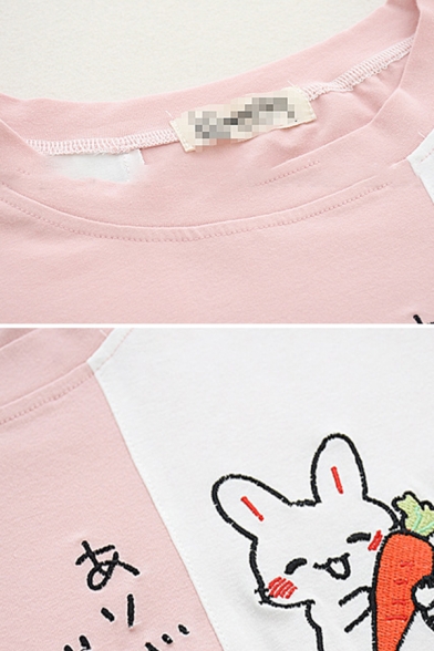 Kawaii Womens Three-Quarter Sleeve Round Neck Lace Up Japanese Letter Rabbit Graphic Color Block Loose Fit T Shirt