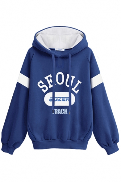 Popular Blue Long Sleeve Drawstring Letter SEOUL Print Contrasted Sherpa Lined Loose Fit Hoodie for Women