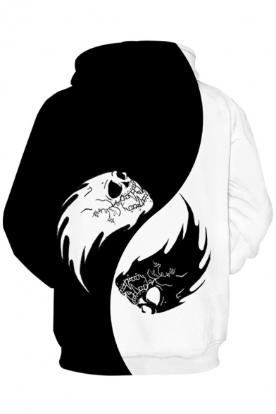 Popular Cool Guys Long Sleeve Drawstring Yin Yang Skull 3D Printed Color Block Pouch Pocket Relaxed Black and White Hoodie