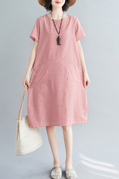 Retro Stylish Womens Short Sleeve Round Neck Stripe Print Panel Pocket Side Linen and Cotton Mid Swing Dress
