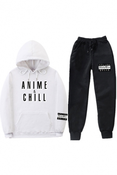 Streetwear Girls Long Sleeve Drawstring Letter ANIME CHILL Print Pouch Pocket Loose Hoodie & Cuffed Carrot Fit Sweatpants Set