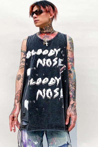 Stylish Mens Letter Bloody Nose Print Ripped Sleeveless Round Neck Loose Tank