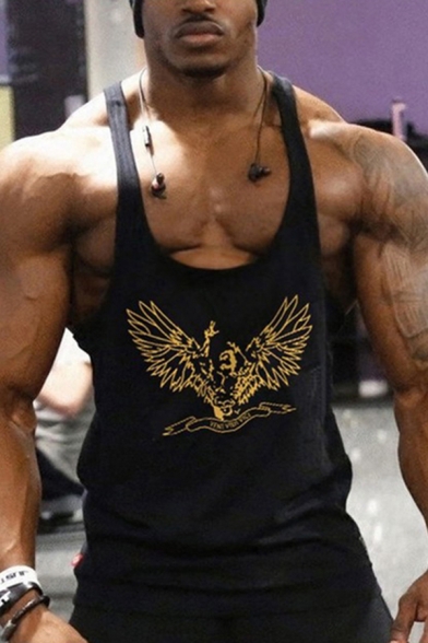 Bodybuilding Fitness Wing Print Low Cut Armholes Sleeveless Regular Fitted Gyms Tank Tops for Men