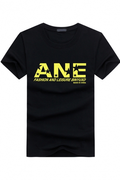 Cool Boys Short Sleeve Round Neck Letter ANE Print Slim Fitted T Shirt