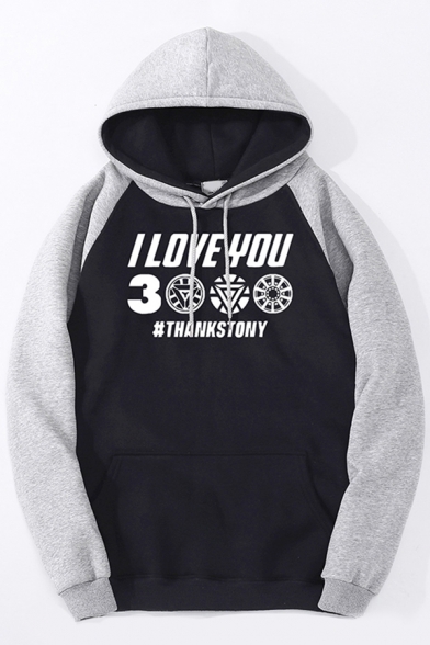 Cool Mens Raglan Long Sleeves Drawstring Letter I LOVE YOU 3000 Pouch Pocket Colorblock Relaxed Fit Hoodie