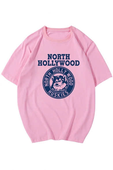 Cool Street Girls Roll Up Sleeve Crew Neck Letter NORTH HOLLYWOOD Huskie Graphic Relaxed T Shirt