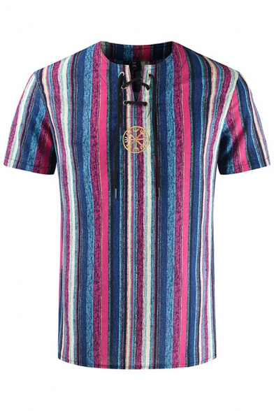 Ethnic Guys Short Sleeve V-Neck Lace Up Front Embroidered Colorful Stripe Print Linen Relaxed Fit T-Shirt in Blue