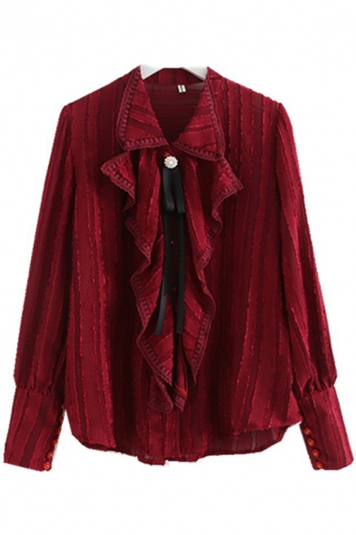 Fancy Gorgeous Ladies Long Sleeve Lapel Collar Bow Tie Ruffled Trim Relaxed Fit Chiffon Shirt Top in Burgundy