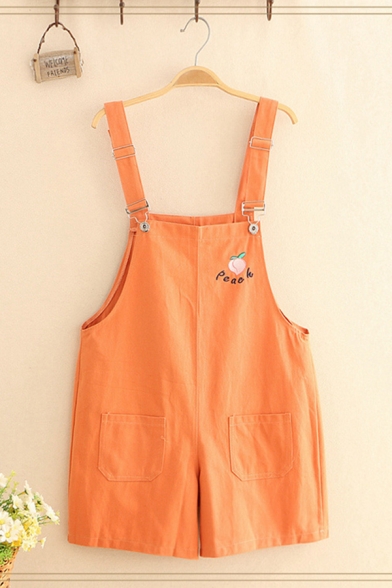 Fancy Lovely Womens Sleeveless Peach Letter Embroidered Patched Pockets Relaxed Suspender Shorts