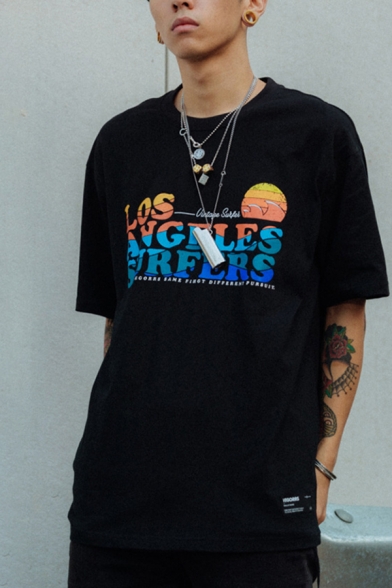 Guys Hip Hop Colorful Letter Los Angeles Surfers Sunrise Graphic Label Short Sleeve Crew Neck Loose T Shirt
