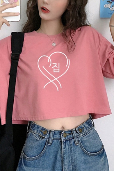 Novelty Girls Half Sleeves Crew Neck Korean Letter Heart Graphic Loose Cropped T-Shirt