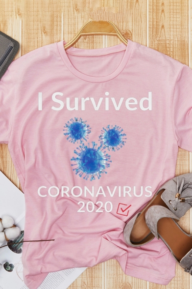 Popular Womens Short Sleeve Crew Neck Letter I SURVIVED CORONAVIRUS Virus Graphic Relaxed T Shirt