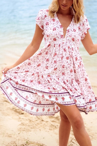 Pretty Ladies Short Sleeve V-Neck Button Up All Over Floral Print Patched Mid Pleated A-Line Dress in Pink