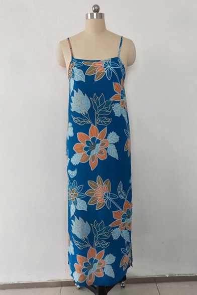 Pretty Summer Ladies Sleeveless All Over Flower Print Slit Side Long A-Line Cami Dress in Blue