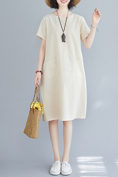 Retro Stylish Womens Short Sleeve Round Neck Stripe Print Panel Pocket Side Linen and Cotton Mid Swing Dress