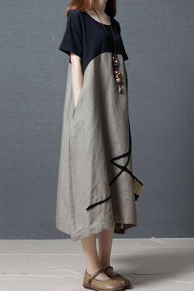 Trendy Retro Womens Short Sleeve Round Neck Stripe Print Color Block Linen and Cotton Maxi Oversize Dress