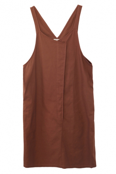 Womens Solid Color Casual Sleeveless V-Neck Linen and Cotton Patchwork Long Oversize Suspender Dress