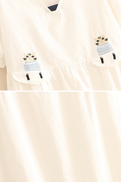 Casual Summer White Short Sleeve V-Neck Cat Embroidery Patched Mid Pleated Swing Dress for Women