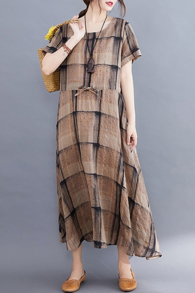 Casual Vintage Short Sleeve Round Neck Drawstring Waist Plaid Print Linen and Cotton Long Swing Dress for Ladies