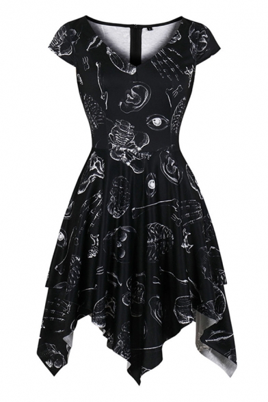Chic Black All over Mixed Cartoon Printed Short Sleeve V-Neck Irregular Hem Mid Pleated Flared Dress for Girls