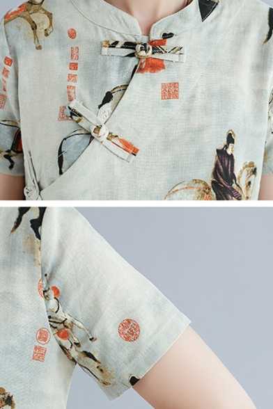 Chinese Style Womens Short Sleeve Mandarin Collar Oblique Frog Button All Over Cartoon Print Linen Mid Swing Cheongsam Dress in Beige