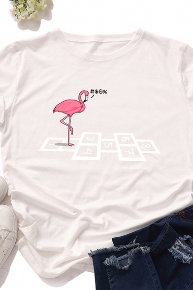 Fashionable Womens Rolled Short Sleeve Crew Neck Flamingo Number Print Regular Fit Tee Top