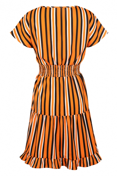 Fashionable Womens Short Sleeve V-Neck Stripe Printed Gathered Waist Ruffled Trim Mid A-Line Dress