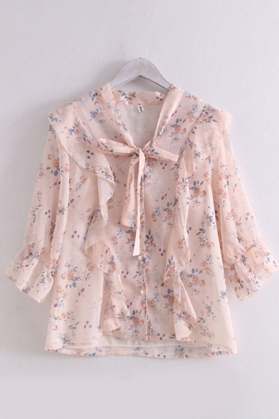 Gorgeous Ladies Ditsy Floral Print Bell Sleeves Bow Tie Neck Ruffled Trim Pearl Button down Loose Fit Blouse in Pink