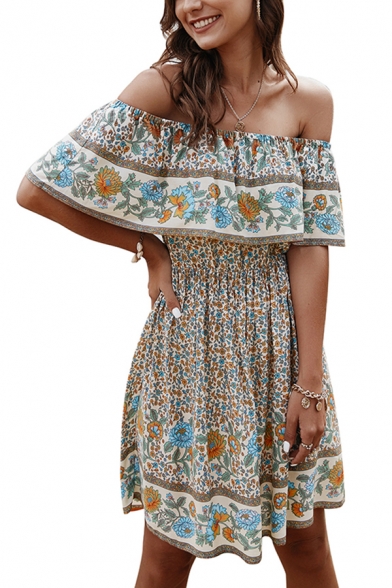 Gorgeous Ladies Off the Shoulder Ruffled Trim All Over Flower Pattern Mini A-Line Dress