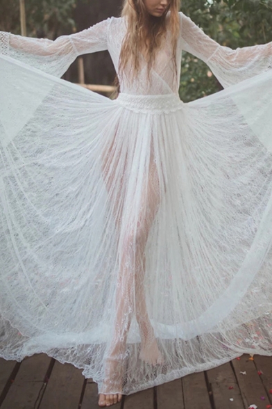 Lace Open Back Maxi Pleated Flowy Dress ...